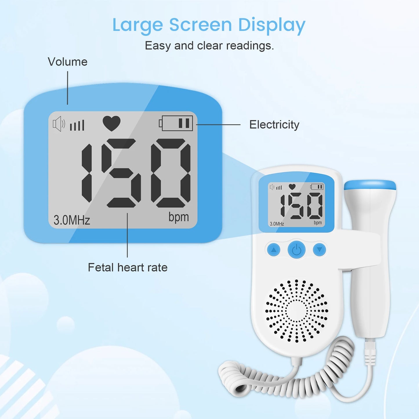 3MHz Ultrasound Baby Heart Rate Detector Pregnant Ultrasonic Baby Heartbeat Monitor Fetal Monitor Doppler Stethoscope