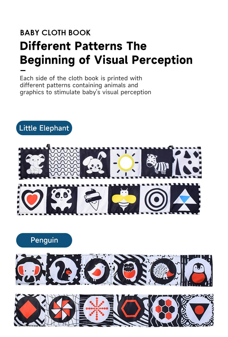Baby Education Sensory Cloth Book Newborn Babies Visual Stimulation Book Montessori Baby Black White Colorful Animal Cloth Book