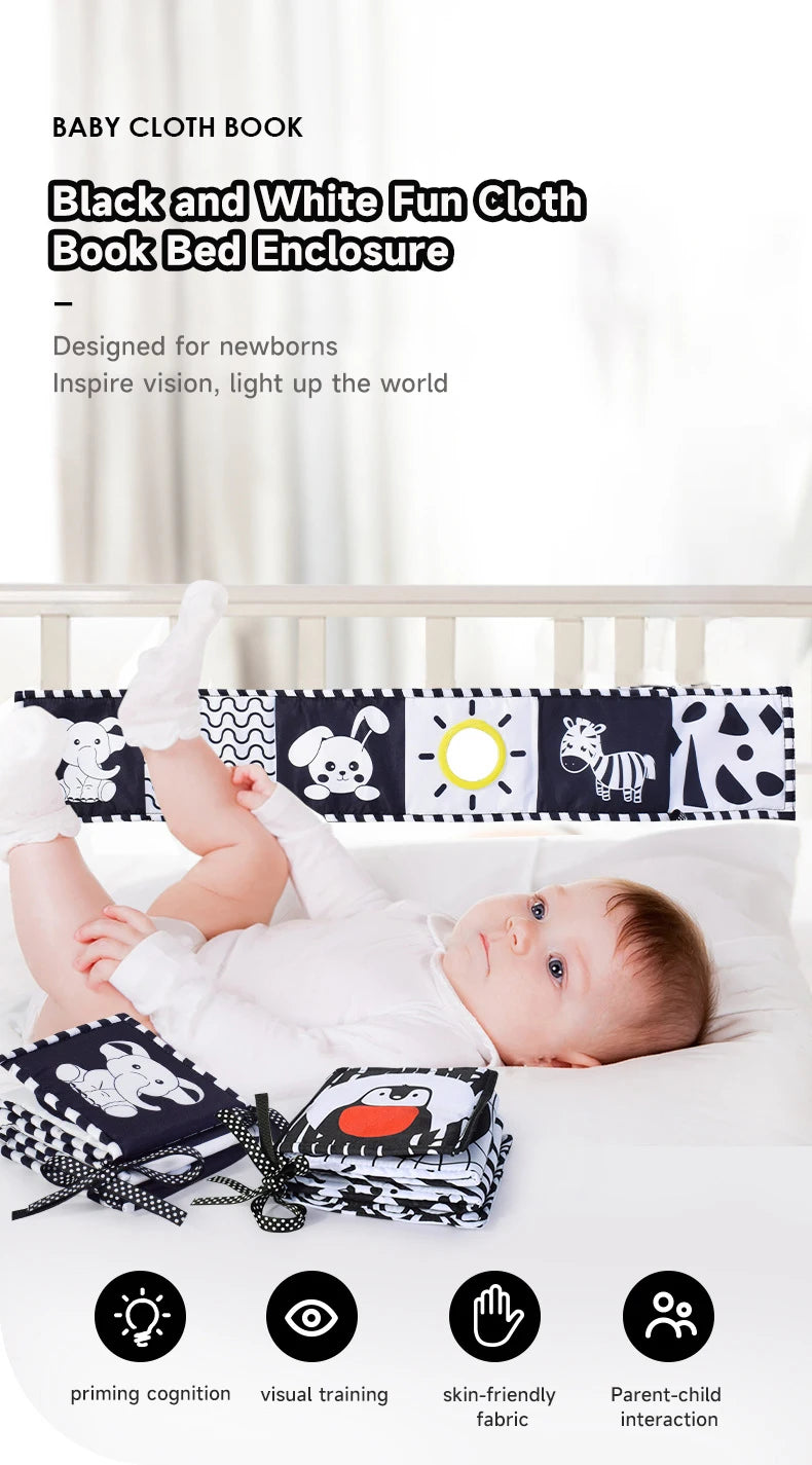 Baby Education Sensory Cloth Book Newborn Babies Visual Stimulation Book Montessori Baby Black White Colorful Animal Cloth Book