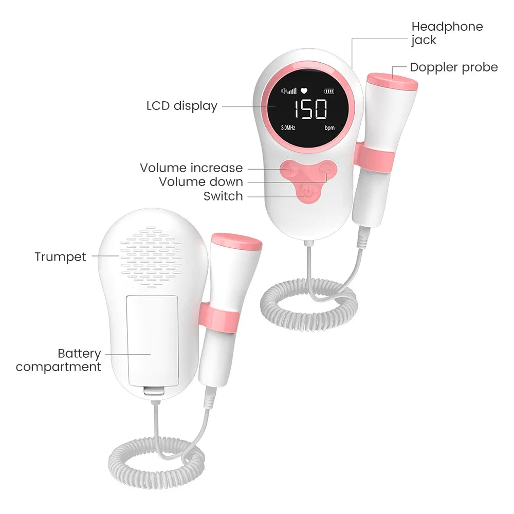 3MHz Ultrasound Baby Heart Rate Detector Pregnant Ultrasonic Baby Heartbeat Monitor Fetal Monitor Doppler Stethoscope