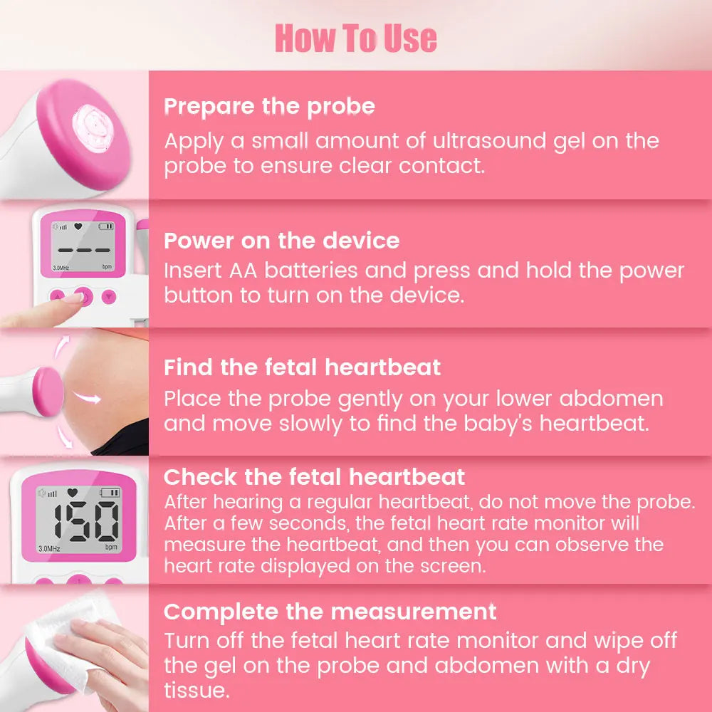 3MHz Ultrasound Baby Heart Rate Detector Pregnant Ultrasonic Baby Heartbeat Monitor Fetal Monitor Doppler Stethoscope